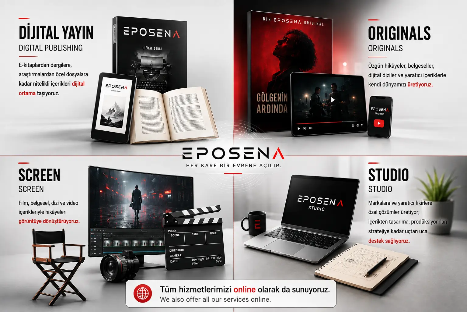 EPOSENA dijital yayın, Originals, Screen ve Studio çalışma alanları