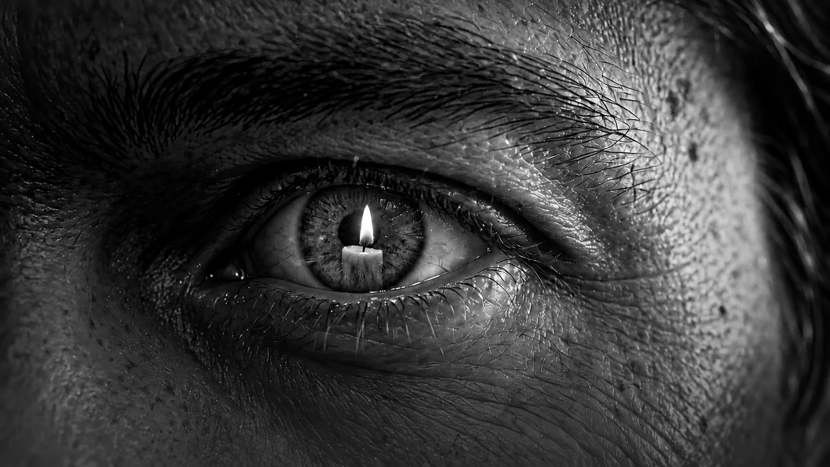 Close-up eye reflecting a burning candle